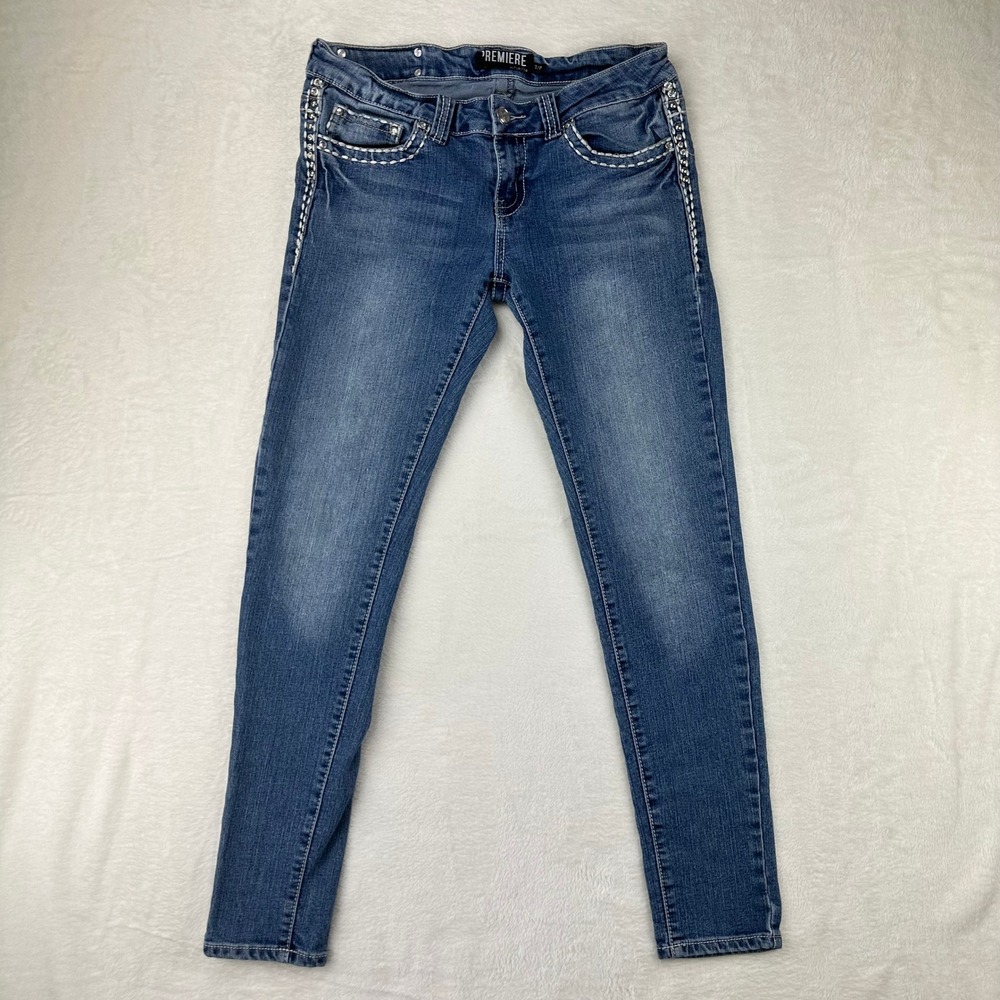 Premiere Skinny Jeans Womens 7/8 Blue Denim Rhinestone Low Rise Medium Wash